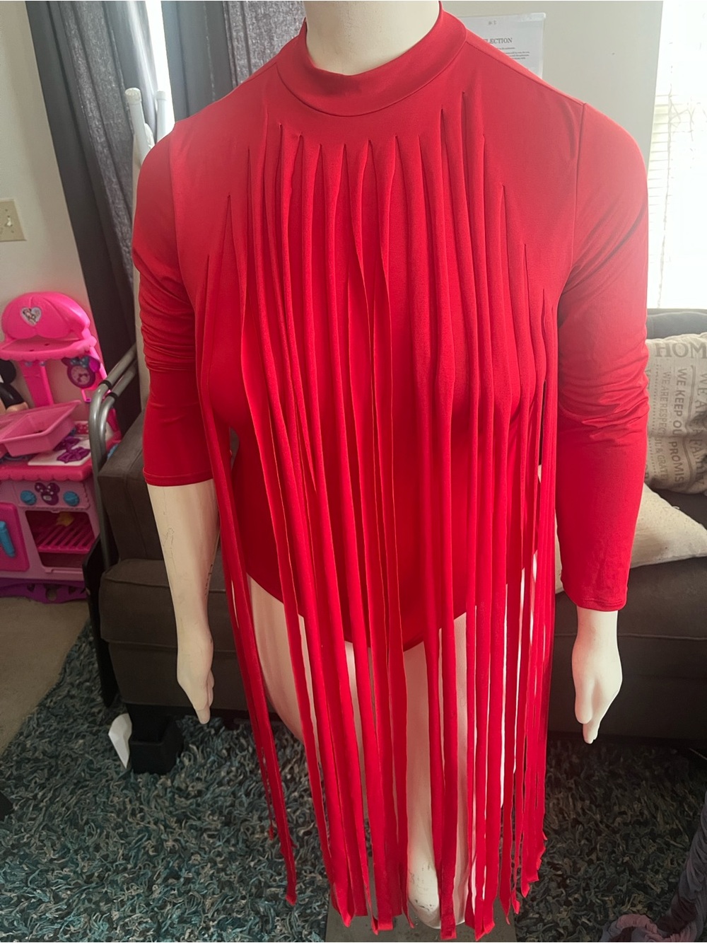 Red Long Sleeve Fringe Tunic Body Suit